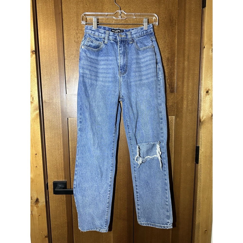 Pretty Little Thing Petite Distressed Mom Jeans Women's US 4 Blue High Rise 27